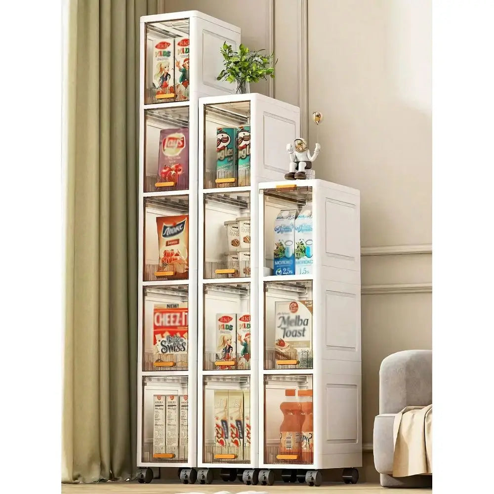 4Layers High Narrow Storage Cabinet With Transparent Doors And Shelves,  UltraThin Bathroom Storage Box, Foldable Stora