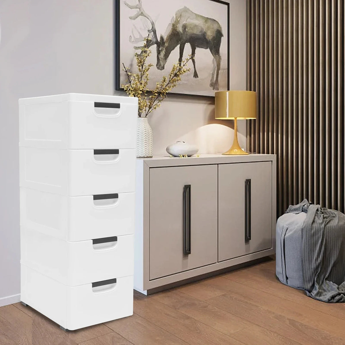 5-Tier Plastic Storage Cabinet with Drawers, Bedroom Stackable Closet Organizer for Clothes, Modern White PP Dresser Chest Tower