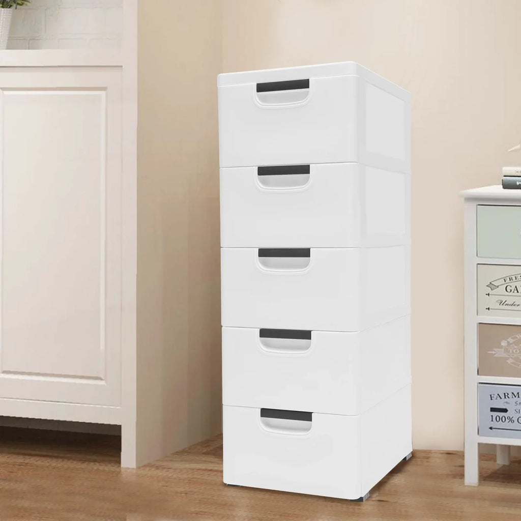 5-Tier Plastic Storage Cabinet with Drawers, Bedroom Stackable Closet Organizer for Clothes, Modern White PP Dresser Chest Tower