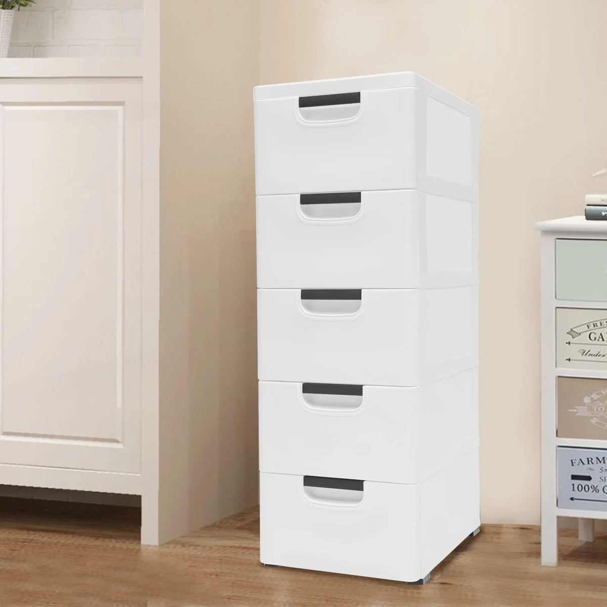 5-Tier Plastic Storage Cabinet with Drawers, Bedroom Stackable Closet Organizer for Clothes, Modern White PP Dresser Chest Tower