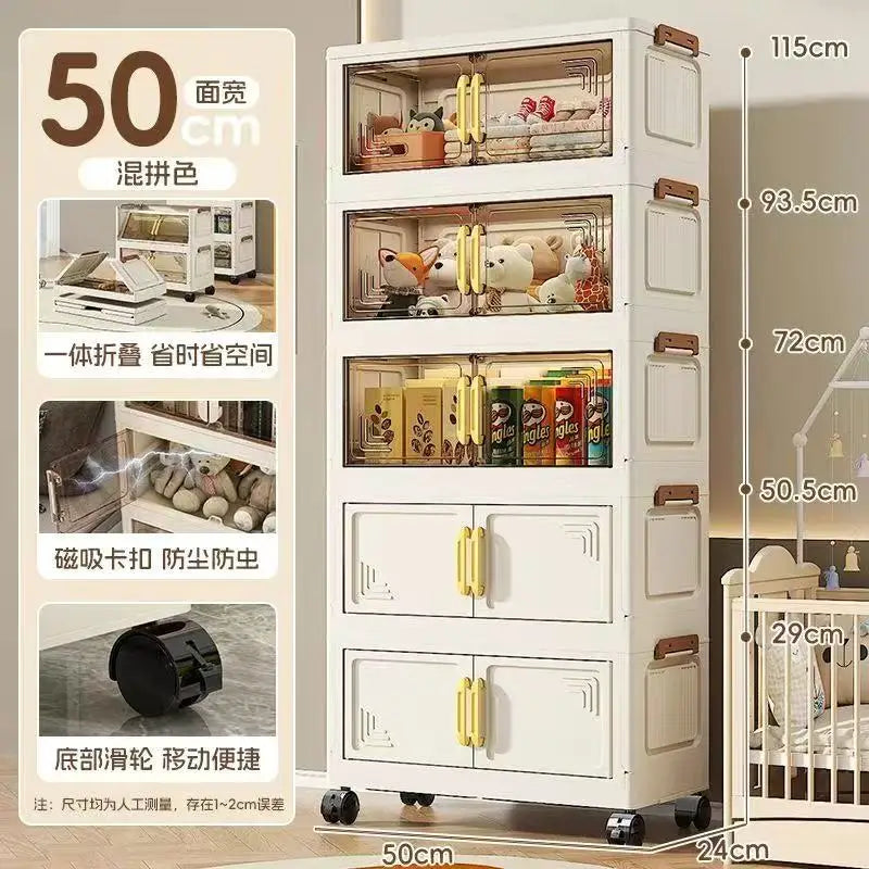 Folding Cabinet Made PP Material Storage Cabinet With Magnetic Door Dust-Proof Household Multi-Layer Storage Cabinet With Wheels