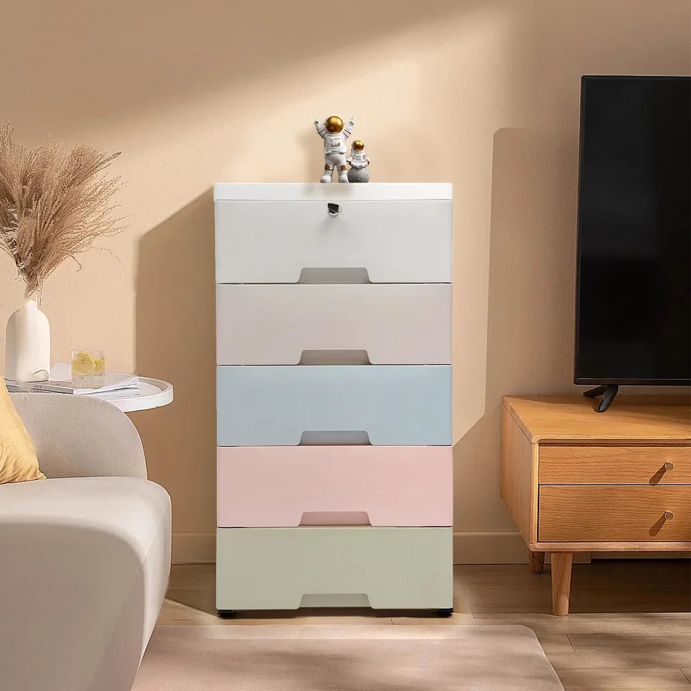 5-Drawer Plastic Storage Cabinet, Dust Proof Lockable Mobile Organizer with Removable Wheels for Garage Workshop Bathroom Closet