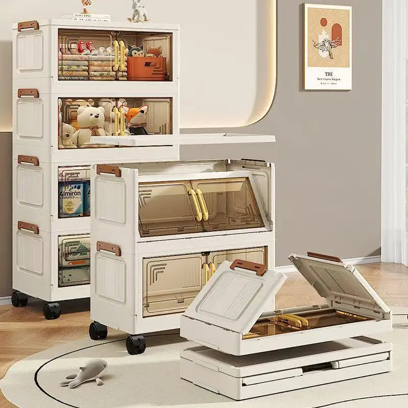 Folding Cabinet Made PP Material Storage Cabinet With Magnetic Door Dust-Proof Household Multi-Layer Storage Cabinet With Wheels