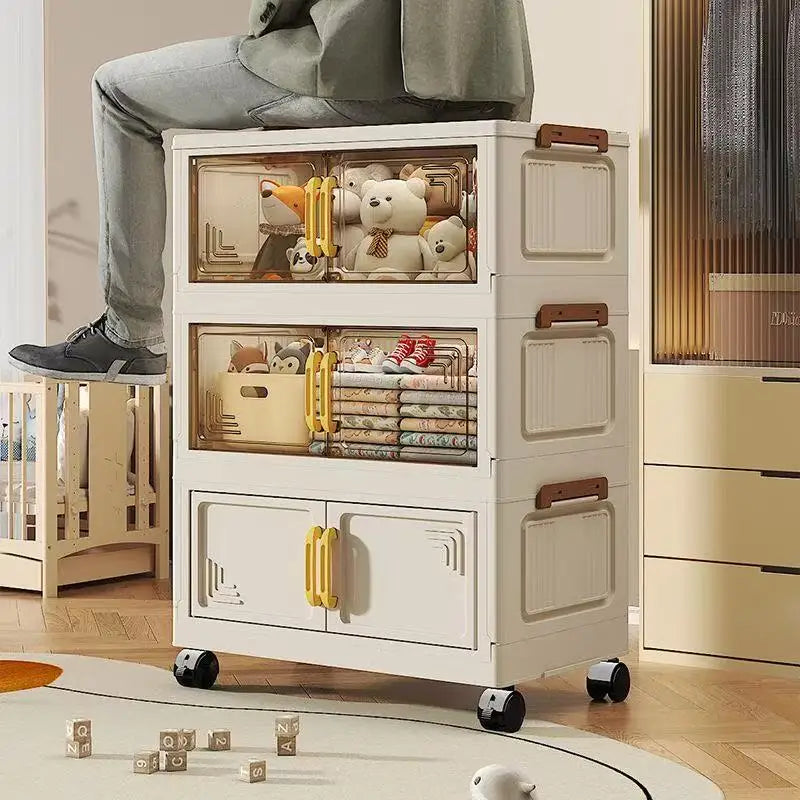 Folding Cabinet Made PP Material Storage Cabinet With Magnetic Door Dust-Proof Household Multi-Layer Storage Cabinet With Wheels
