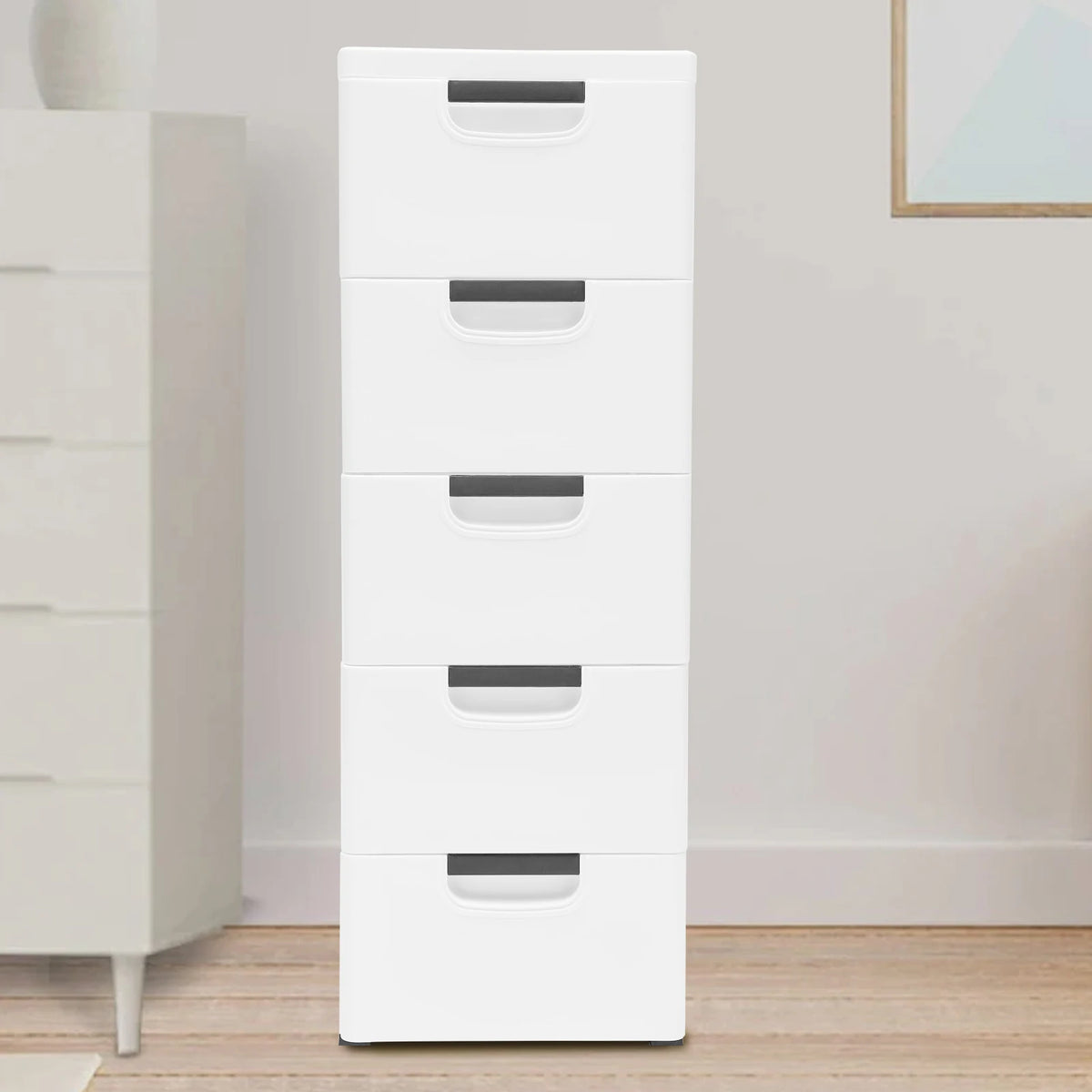 5-Tier Plastic Storage Cabinet with Drawers, Bedroom Stackable Closet Organizer for Clothes, Modern White PP Dresser Chest Tower
